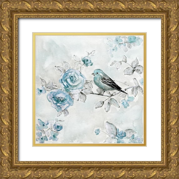 Swatland, Sally 26x26 Gold Ornate Wood Framed with Double Matting Museum Art Print Titled - Finch and Spring Rose Climbers III