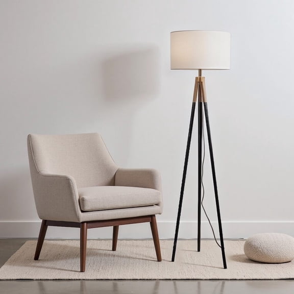 Sway Brassed Gold Floor Lamp with White Fabric Shade, Triple Legs, On/Off Switch for Living Room, 60 Inch Tall