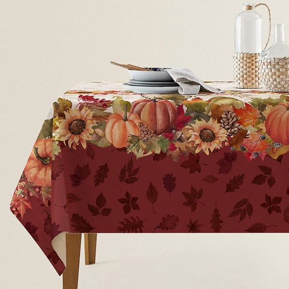 Swaying Leaves Bordered Fall Tablecloth Thanksgiving Maple Leaves Polyester Table Cover Watercolor Fall Pumpkins Table Cloth Farm Harvest Autumn Falling Leaves Table Cover for Autumn (60"×102")