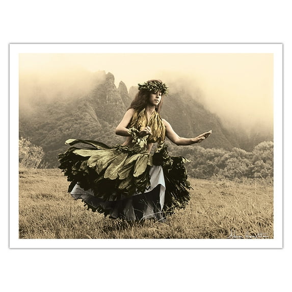 Swaying Skirt - Hawaiian Hula Dancer in Ti Leaf Skirt - Vintage Hand Colored Photograph by Alan Houghton c.1960s - Fine Art Matte Paper Print (Unframed) 24x32in