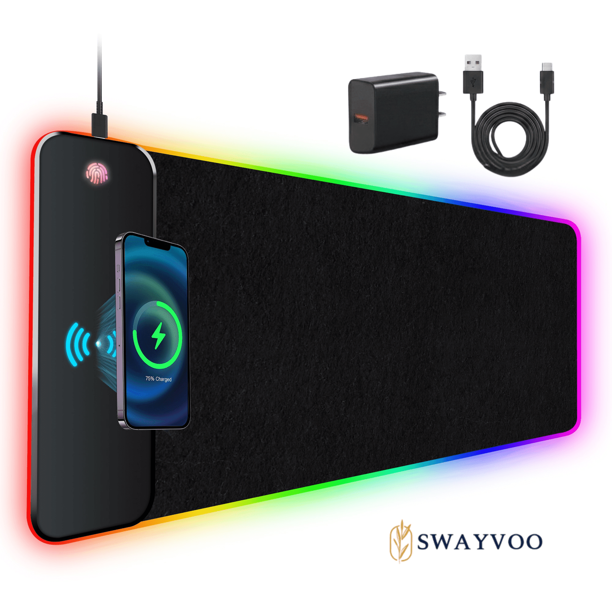 Swayvoo RGB Gaming Mouse Pad with 15W Wireless Charging, Large Extended Desk Mat 31.511.8 in, 9 Light Modes, Non-Slip Rubber Base, Waterproof, Stitched Edges, for Gamer Home Office