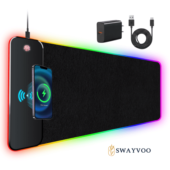 Swayvoo RGB Gaming Mouse Pad with 15W Wireless Charging, Large Extended Desk Mat 31.511.8 in, 9 Light Modes, Non-Slip Rubber Base, Waterproof, Stitched Edges, for Gamer Home Office