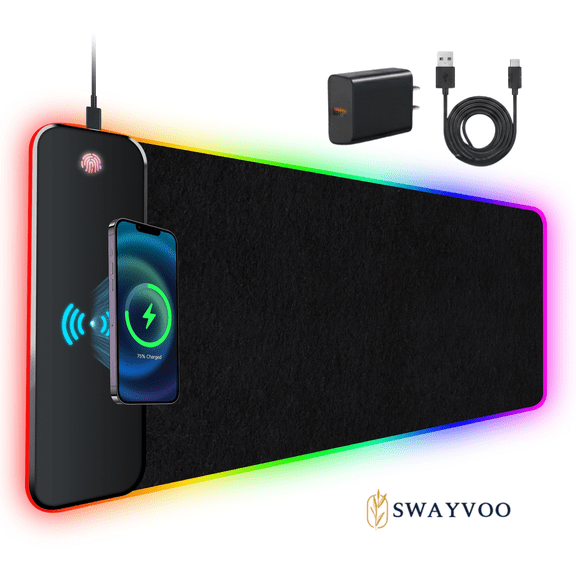 Swayvoo RGB Gaming Mouse Pad with 15W Wireless Charging, Large Extended Desk Mat 31.511.8 in, 9 Light Modes, Non-Slip Rubber Base, Waterproof, Stitched Edges, for Gamer Home Office