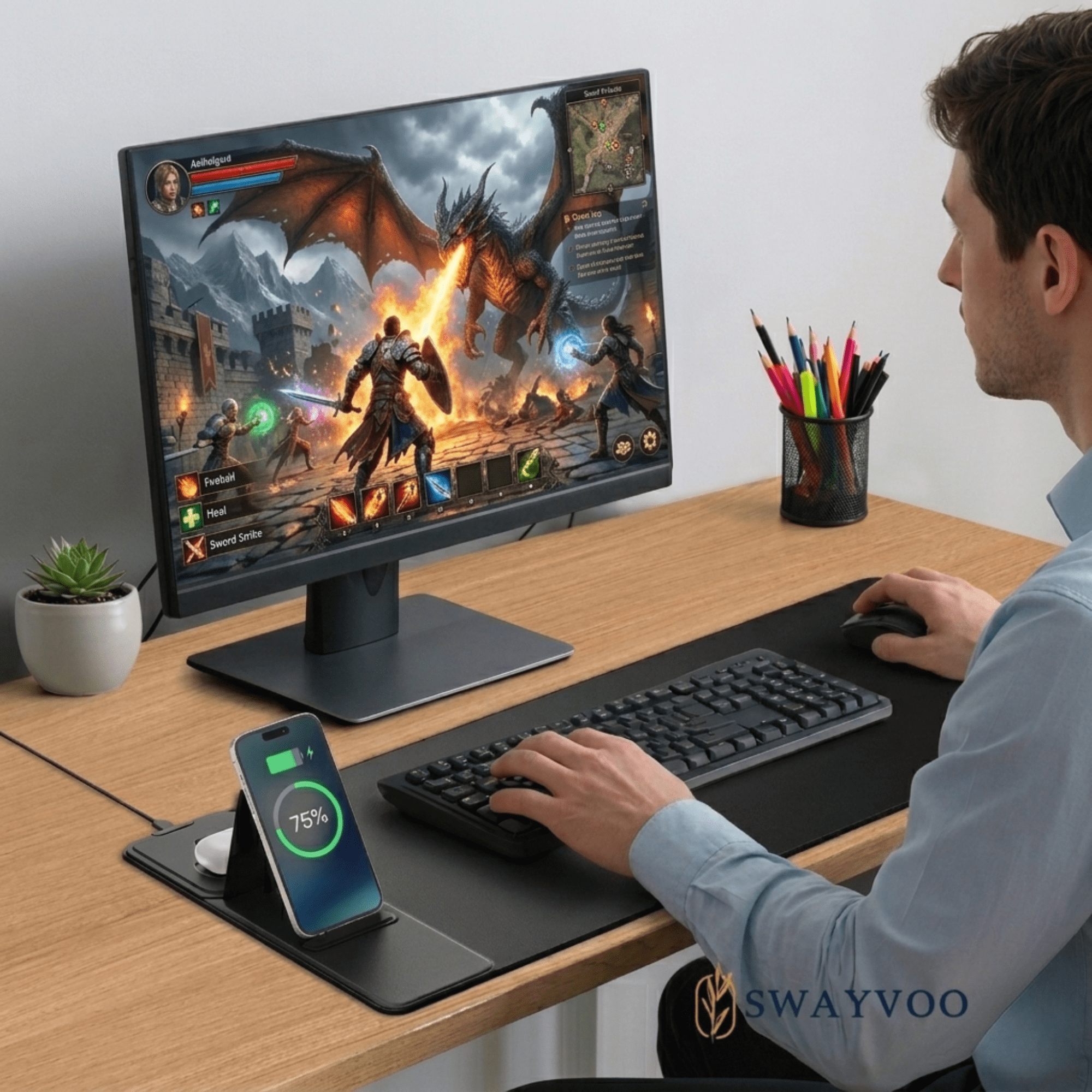 Swayvoo Gaming Mouse Pad with Wireless Charging, Waterproof Desk Mousepad with Phone Holder, 15W Fast Charging Large Computer Keyboard Mat for Home, Office