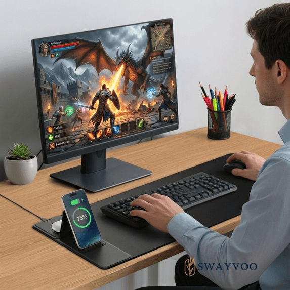 Swayvoo Gaming Mouse Pad with Wireless Charging, Waterproof Desk Mousepad with Phone Holder, 15W Fast Charging Large Computer Keyboard Mat for Home, Office