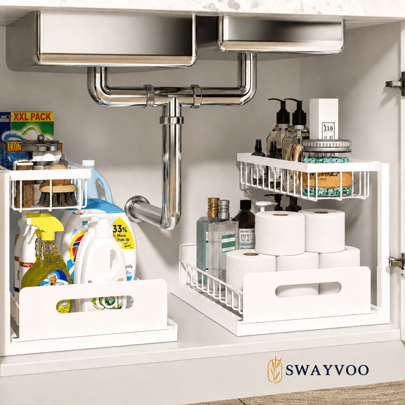 Swayvoo Under Sink Organizer 2 Pack — 2-Tier Adjustable Sliding Under Sink Storage for Bathroom & Kitchen Cabinet, Pull-Out Basket Organizer, White