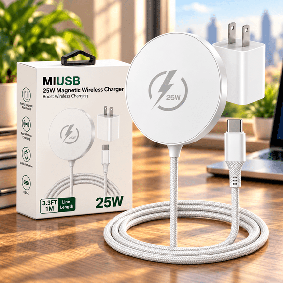 Swayvoo 25W Fast Wireless Charging Pad, MagSafe-Compatible Magnetic Charger, iPhone 17 16 15 14 13 & AirPods, 30-Min Charge, USB-C White