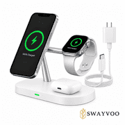 Swayvoo 3-in-1 Wireless Charging Station, Up to 15W Fast Wireless Charger for Compatible iPhone, Apple Watch and AirPods, Magnetic Phone Stand White