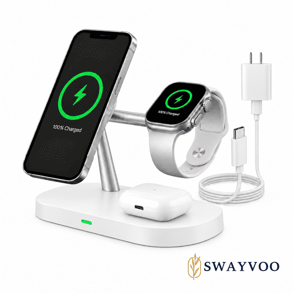 Swayvoo 3-in-1 Wireless Charging Station, Up to 15W Fast Wireless Charger for Compatible iPhone, Apple Watch and AirPods, Magnetic Phone Stand White