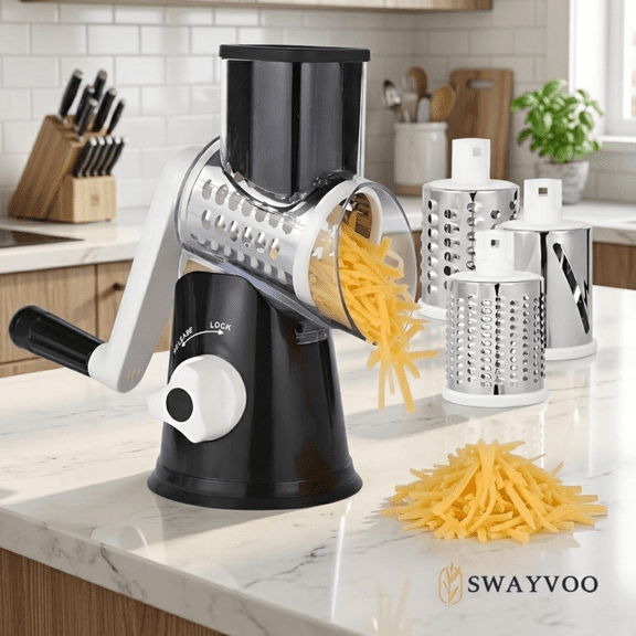Swayvoo Rotary Grater 3 Blade Cheese Grater, Mandoline Vegetable Chopper, Cheese Shredder, Rotating Drum Grater Black