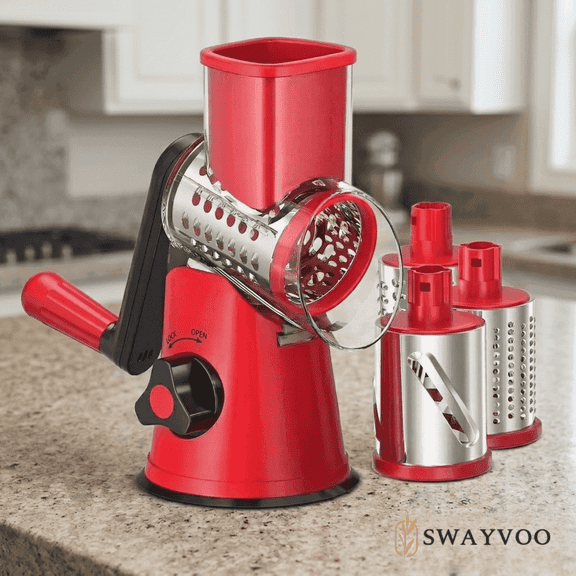 Swayvoo Rotary Grater 3 Blade Cheese Grater, Mandoline Vegetable Chopper, Cheese Shredder, Rotating Drum Grater Red/Black