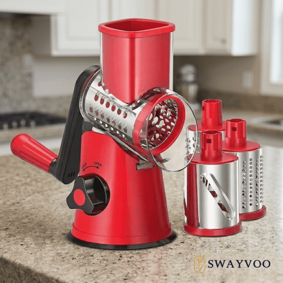 Swayvoo Rotary Grater 3 Blade Cheese Grater, Mandoline Vegetable Chopper, Cheese Shredder, Rotating Drum Grater Red/Black