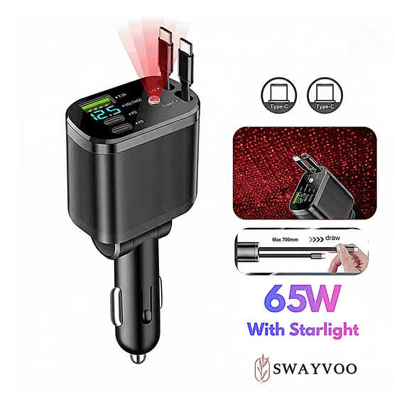 Swayvoo 65W Retractable Car Charger, 4 in 1 Fast USB C Car Charger, Dual Type C Cables, Starlight, Compatible with iPhone 17 16 15 14, Galaxy, Pixel