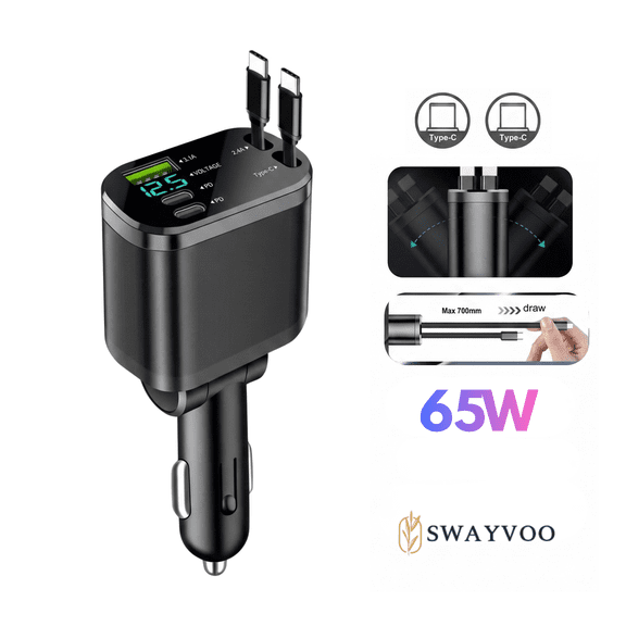 Swayvoo retractable Car Charger 4in1 Fast USB C Car Phone Charger Adapter with Dual Type C Charger, Compatible with iPhone 17 16 15 14 13 12 11, Galaxy & Pixel No Light