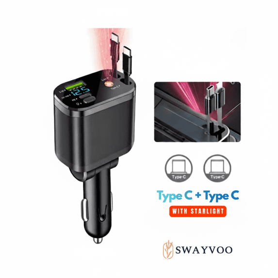 Swayvoo 65w Retractable Cable Car Fast Charger Type C and Type C with Built-In Cords with Starlight