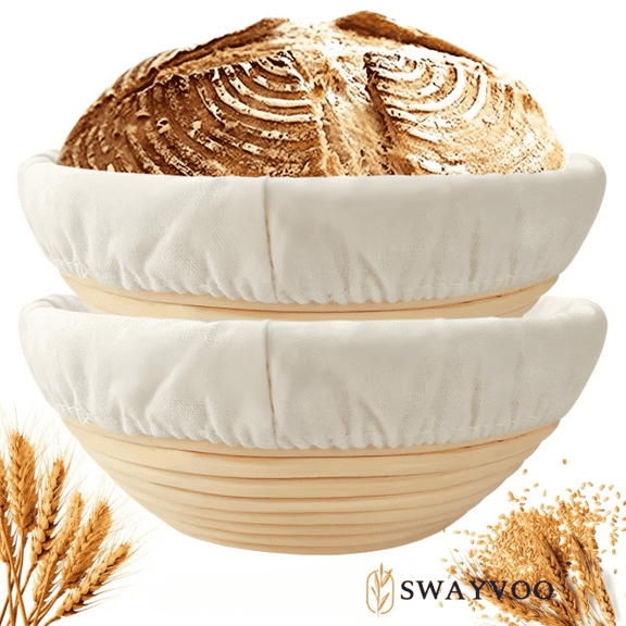Swayvoo Banneton Bread Proofing Basket Set of 2, 9-Inch Round Rattan Baskets with Liners, Sourdough Baking Supplies