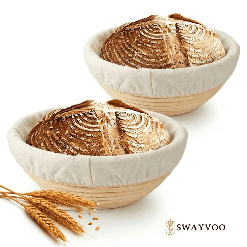 Swayvoo Banneton Bread Proofing Basket Set of 2, 9-Inch Round Rattan Baskets with Liners, Sourdough Baking Supplies