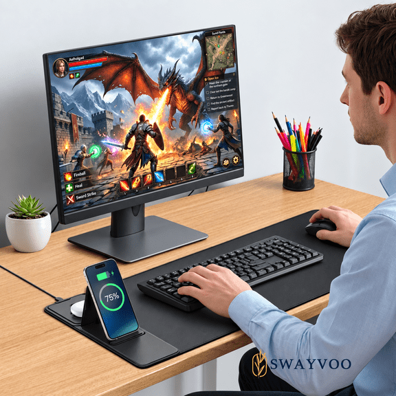 Swayvoo Gaming Mouse Pad with Wireless Charging, Waterproof Desk Mousepad with Phone Holder, 15W Fast Charging Large Computer Keyboard Mat for Home, Office