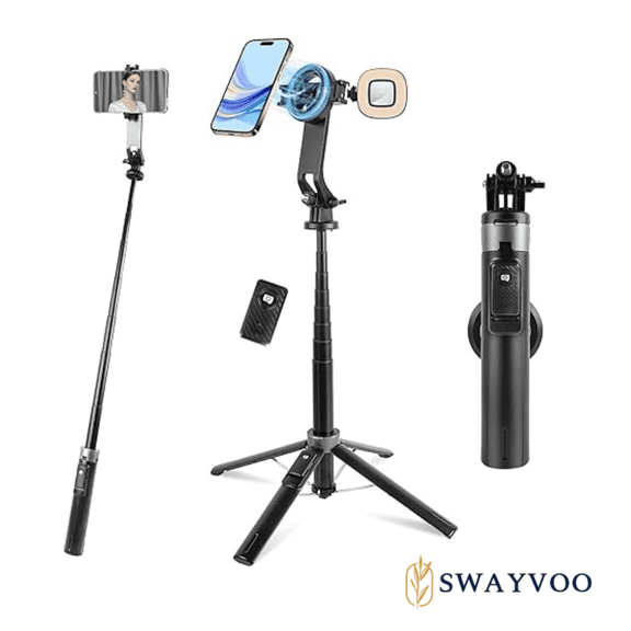 SWAYVOO 68" Selfie Stick Tripod with Remote & Dual LED Lights, Extendable Phone Stand for iPhone & Smartphones, 360 Rotating Aluminum Holder, Black