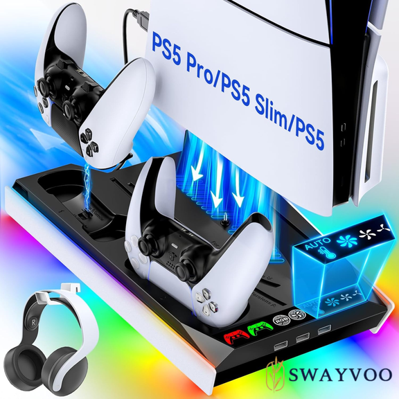 SWAYVOO PS5 Stand with Cooling Fan for PS5, PS5 Controller Charger Dock, PS5 Cooling Station for PS5 Slim, PS5 Pro, PS5 Disc & Digital, Black