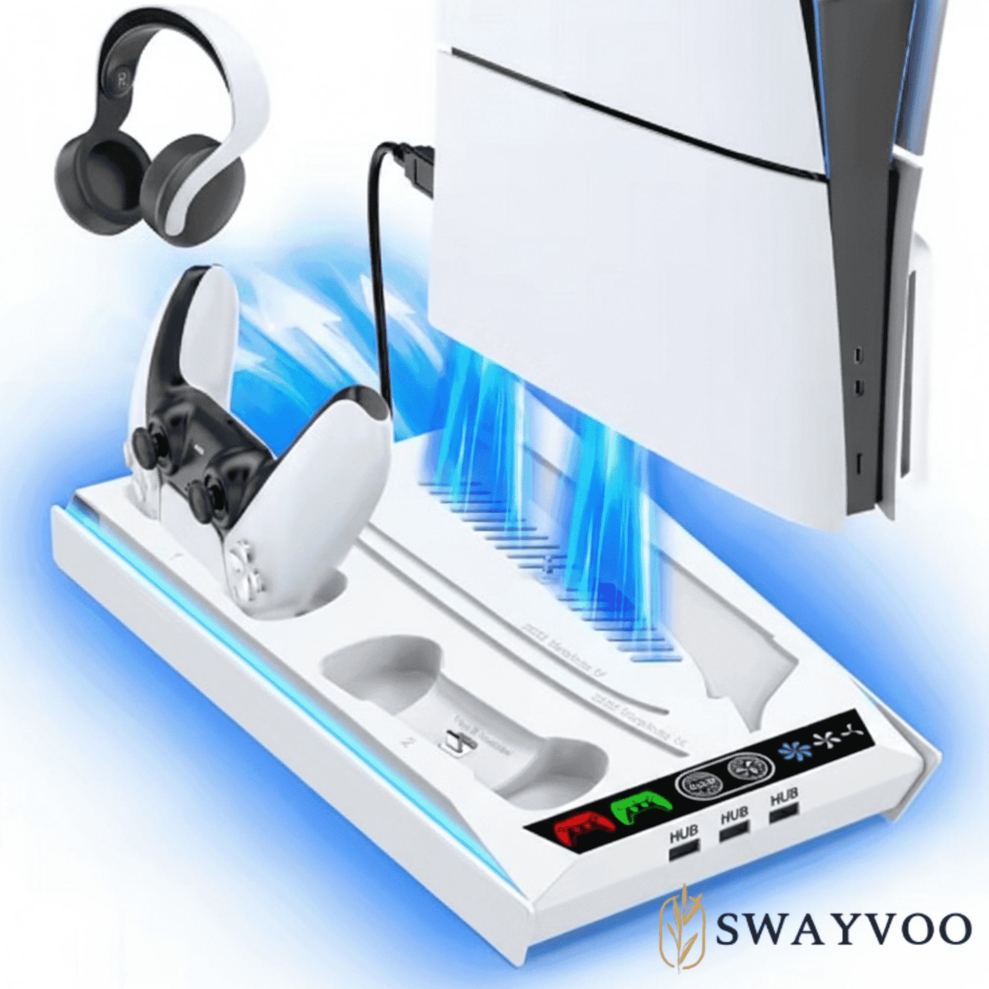 SWAYVOO PS5 Cooling Stand with Fan for PlayStation 5 Console, Controller Charging Dock, Compatible with PS5 Disc, Digital, Slim & Pro, Black thumbnail 2