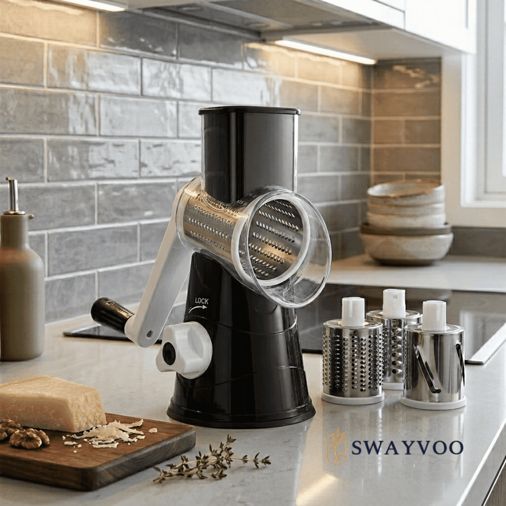 Swayvoo Rotary Cheese Grater, Model RRK150, Black, 3-in-1 Vegetable ...
