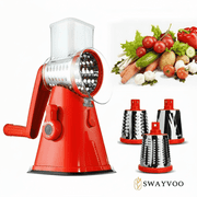 Swayvoo Rotary 3 Blade Set Cheese Grater, Mandoline Vegetable Chopper, Cheese Shredder, Rotating Drum Grater - Red/Red