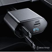 Swayvoo retractable Car Charger 4-in-1 Fast USB C Car Phone Charger Adapter with Dual Type C Cords, USBC Car Charger Compatible with iPhone 17/16/15/14/13/12/11