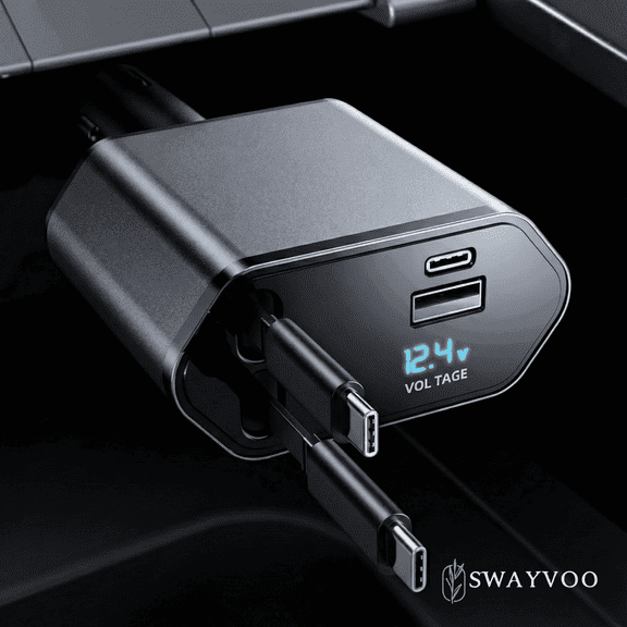 Swayvoo retractable Car Charger 4-in-1 Fast USB C Car Phone Charger Adapter with Type C Car Charger & Apple Cords, USBC Car Charger Compatible with iPhone 17/16/15/14/13/12/11, Galaxy & Pixel
