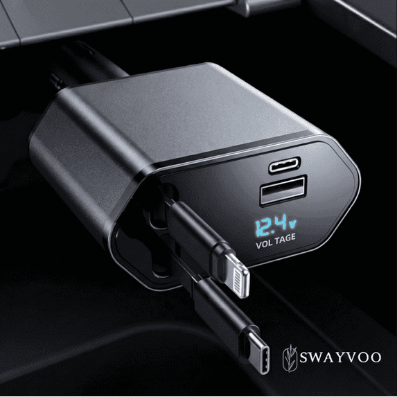 Swayvoo retractable Car Charger 4-in-1 Fast USB C Car Phone Charger Adapter with Type C Car Charger & Apple Cords, USBC Car Charger Compatible with iPhone 17/16/15/14/13/12/11, Galaxy & Pixel