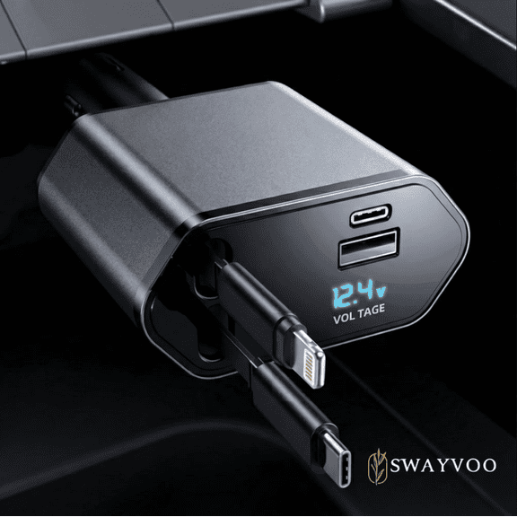 Swayvoo retractable Car Charger 4-in-1 Fast USB C Car Phone Charger Adapter with Type C Car Charger & Apple Cords, USBC Car Charger Compatible with iPhone 17/16/15/14/13/12/11, Galaxy & Pixel