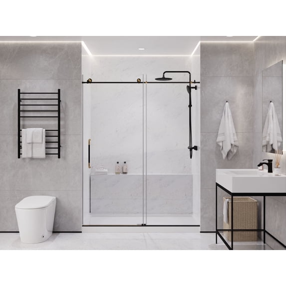 Madam Series 76 x 60 in. Frameless Sliding Shower Door in Matte Black & Brushed Gold