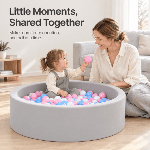 SweHouse Toddler Foam Ball Pit, Round Memory Foam Playpen, Indoor/Outdoor Kids Play Space, Grey, 100 Pink/White/Blue Balls
