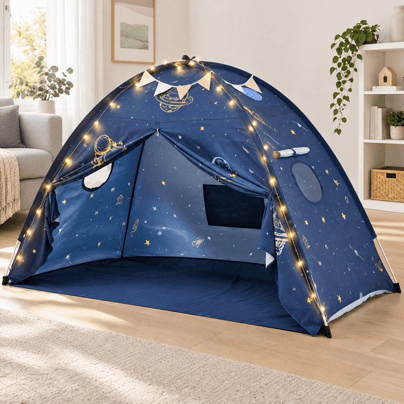 SweHouse Kids Bed Tent, Peach Skin Fabric, Space Theme, Foldable and Portable, Cozy for Bedroom, with Starry Lights and Flags, Blue