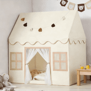 SweHouse Princess Theme Kids Tent, Indoor Playhouse with Padded Mat, Toddler Play Space with Tassel Ball, Neutral Color Birthday Gift for Boys Girls Gold