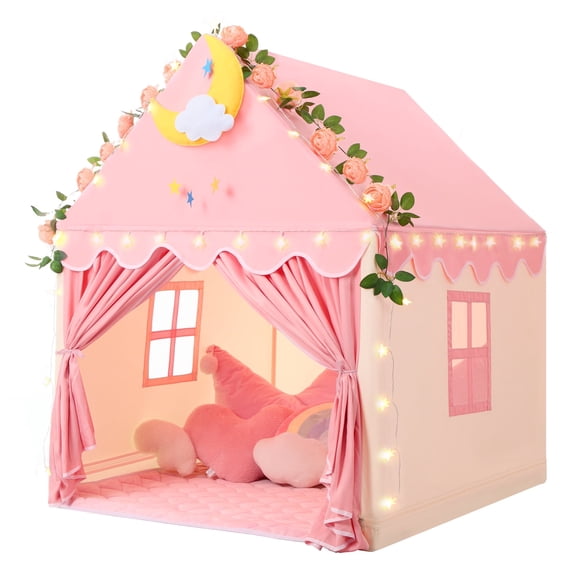 SweHouse Kids Play Tents Indoor & Outdoor for Girls Large Fairy Playhouse with Soft Rug and Star Lights for Toddlers Princess Castle Tent Gift Toys for Girl Toddler Children (Pink)
