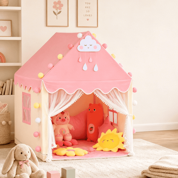SweHouse Kids Tents Indoor for Girls with Mat & Star Lights, Toddler Play Tent Large Fairy Playhouse for Baby Inside Princess Castle House Child Teepee Gift Toys (Pink)