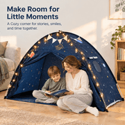 SweHouse Kids Bed Tent, Peach Skin Fabric, Space Theme, Foldable and Portable, Cozy for Bedroom, with Starry Lights and Flags, Blue