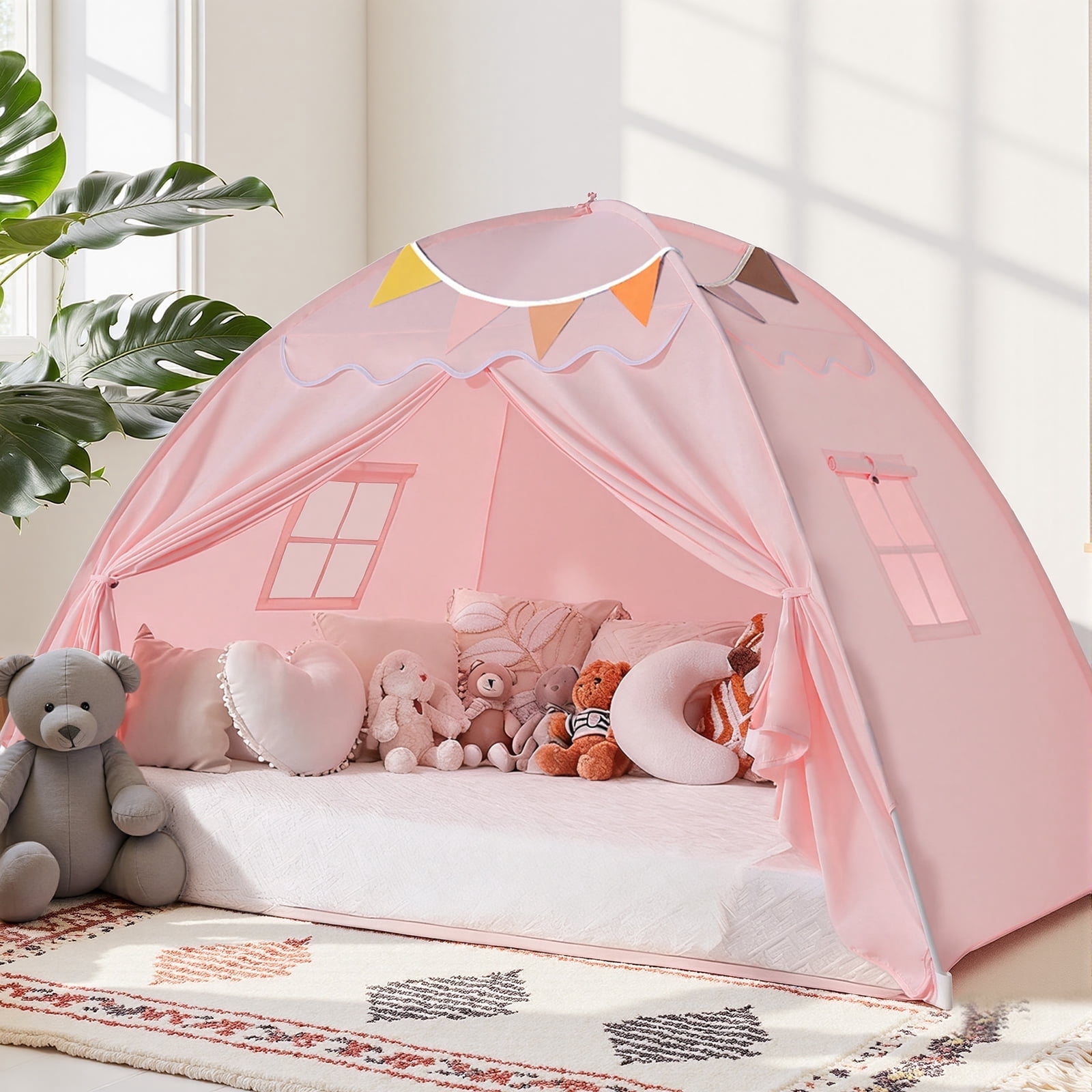 SweHouse Toddler Bed Canopy Lights & Flags Sleeping Playhouse Tent, Portable Indoor Privacy Play Space. Foldable Drafty Room Tent for Boys & Girls, Kids Birthday Gifts Golden Beige Large Size (Pink)