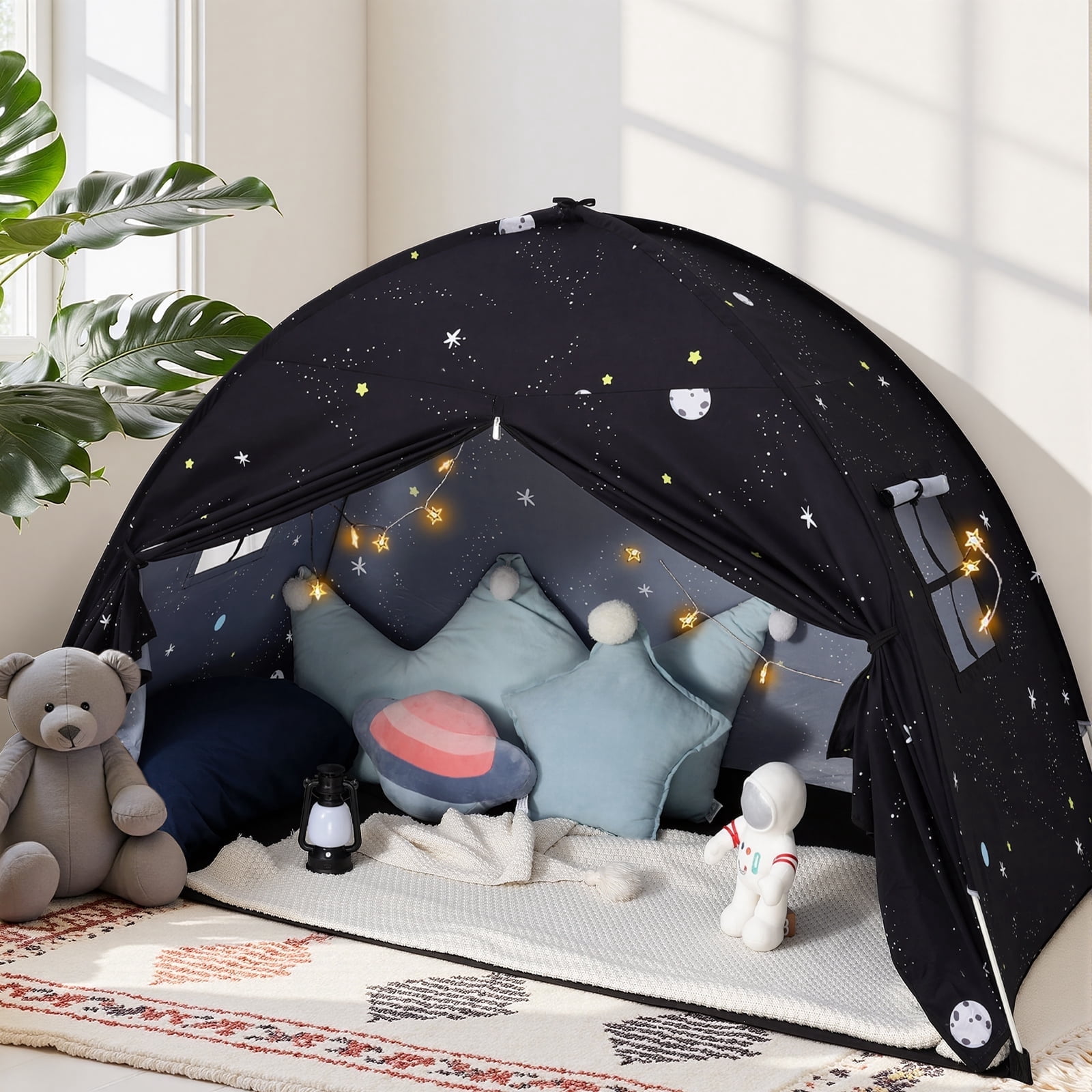 SweHouse Toddler Bed Canopy Lights Sleeping Playhouse Tent, Portable Indoor Privacy Play Space. Foldable Drafty Room Tent for Boys & Girls, Kids Birthday Gifts Golden Beige Large Size. (Black)