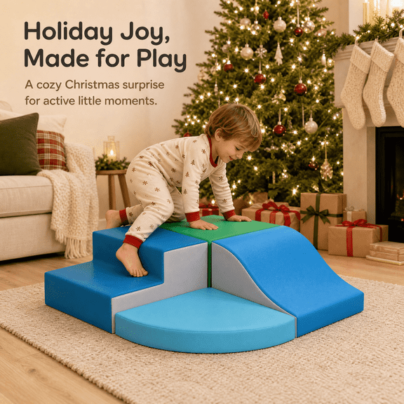 SweHouse Foam Climbing Blocks for Toddlers, 4-Piece Soft Play PU Leather Climb & Crawl Set for Bedroom, Blue