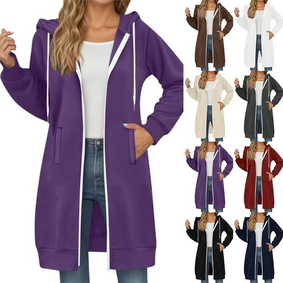 Sweat Jacket Women's Hoodie with Hood Long Jacket Autumn Winter Transition Jacket Casual Plain Hooded Jacket Loose Hoodie with Zip and Pockets