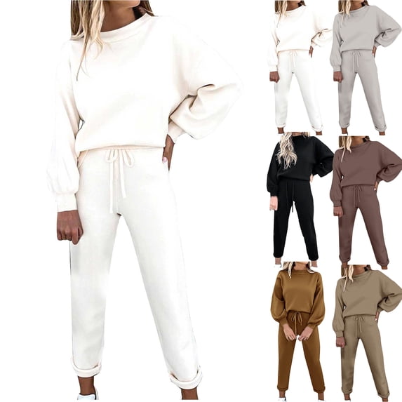 Sweat Outfits for Women 2 Piece Tracksuit Crew Neck Sweatshirt Jogger Pants Set Drawstring Casual Loungewear Streetwear Outfit White S