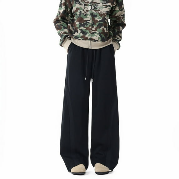 Sweat Pants for Mens Fashion Solid Color Straight Leg Casual Sports Sweatpants Drawstring Loose Pockets Elastic Waist Full Length Pants Wide Leg Pants Comfortable Joggers Travel Hiking Pants