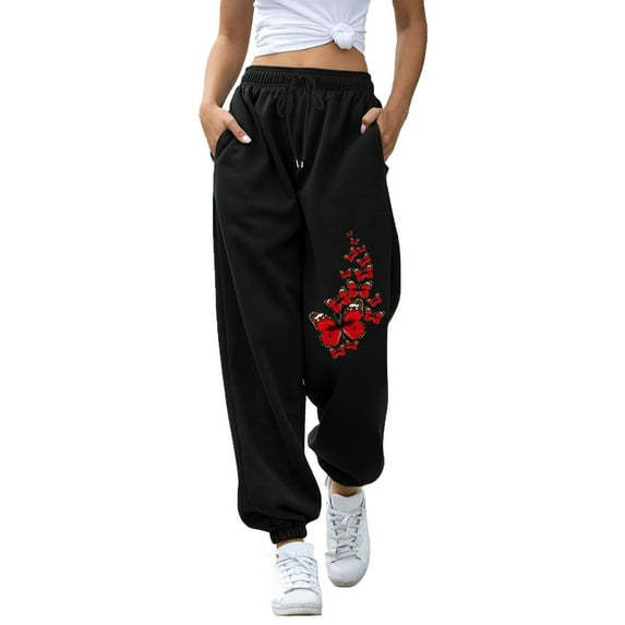 Sweat Pants Women Printed Sports Closed Waist Lace Up Elastic Waist Small Foot With 2 Pockets Women's Casual Pants E S