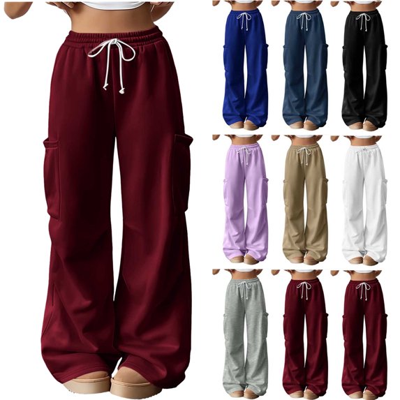 Sweat Pants Women's Casual Solid Color Drawstring Elastic Waist Sweatpants Cuffed Ankles Side Pockets Wine M