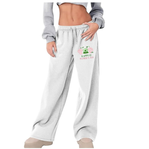 Sweat Pants For Womens Elastic Casual Solid Color Wide-Leg High-Waisted Lace-Up White Athletic Pants for Workout, Jogging, Running (S)Summer Spring And Fall Wear