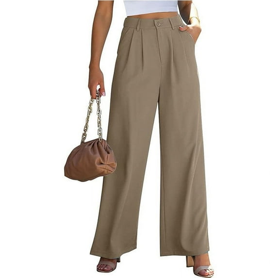 uublik Sweat Pants for Womens Khaki Business Casual Palazzo Pants High Waisted Flowy Dressy Trousers with Pockets