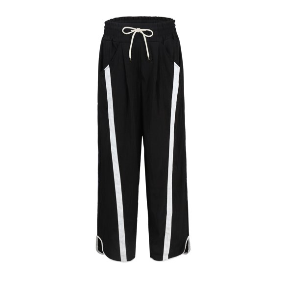 Sweat Pants for Womens Wide Leg Pant Casual Drawstring Elastic Waisted Striped Workout Track Pants with Pockets Black S