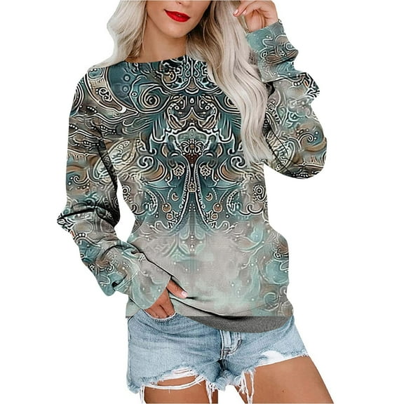 Sweat Shirts For Women Trendy Vintage Printed Pullover Loose Long Sleeved Round Neck Loose Casual Sweatshirts Tops Army Green S